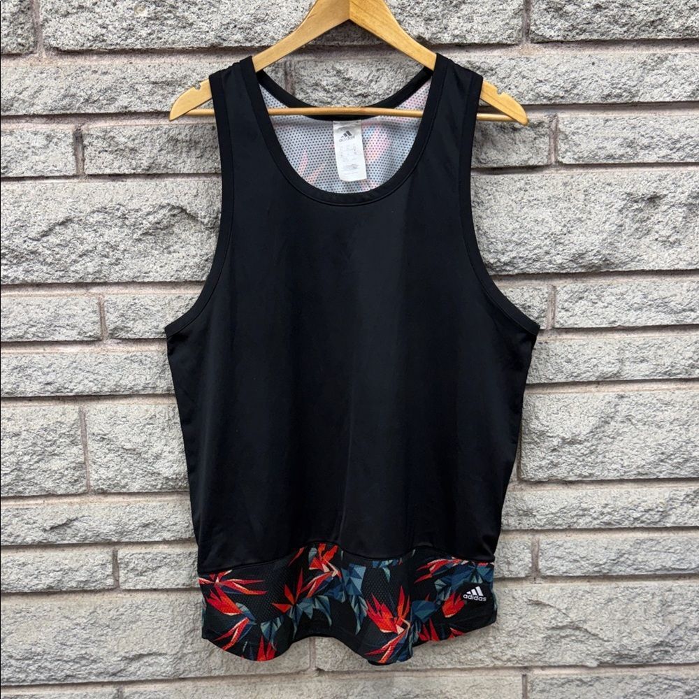 Adidas Black Tank Top with Red Floral Accents